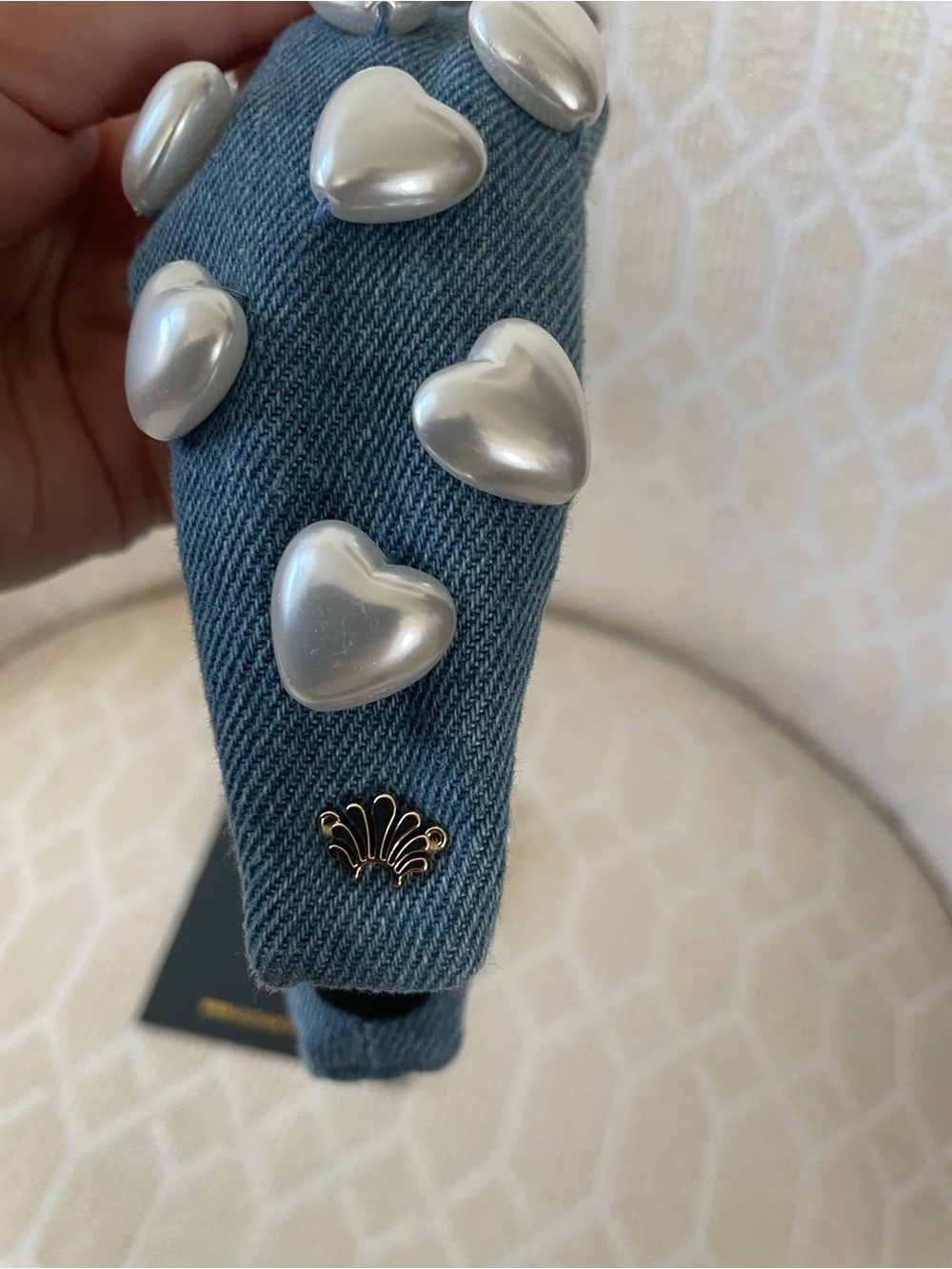Lele Sadoughi Blue Denim Padded Headband with Pearl Heart Embellishments